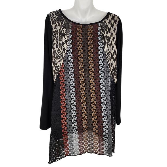 Dikalady Tunic Top Womens Small Patchwork Geometric Asymmetrical Black Lined Art - Picture 2 of 8
